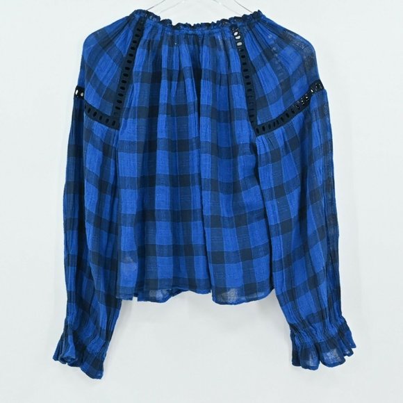 FREE PEOPLE Womens Size XS Honey Grove Blue Black Eyelet Ruffle Sleeve Plaid Top - Picture 4 of 9
